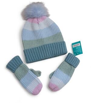 West Loop Girl's Ribbed Hat Mitten Set Pastel Stripes Teal Blue Green Lavender